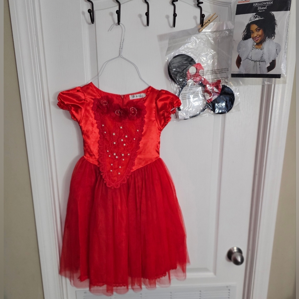 Princess Dress Red Ball Gown Tulle Roses Pearl Accent White Shaw Size 110  US4/5